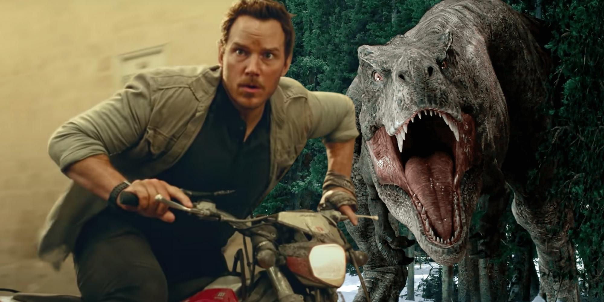 Jurassic World Dominion action shots of Chris Pratt riding a motorcycle and the T-Rex hunting.