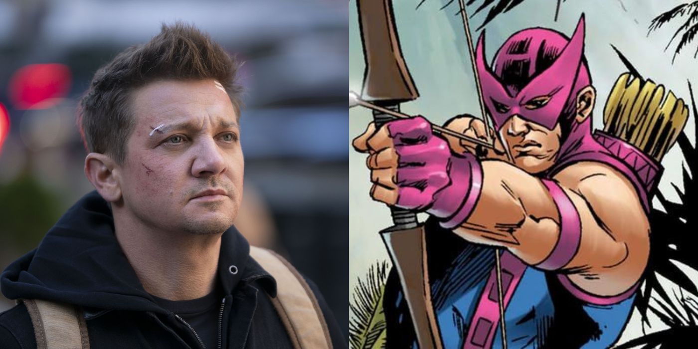 Split image of Jeremy Renner as Clint Barton and Hawkeye from the comics