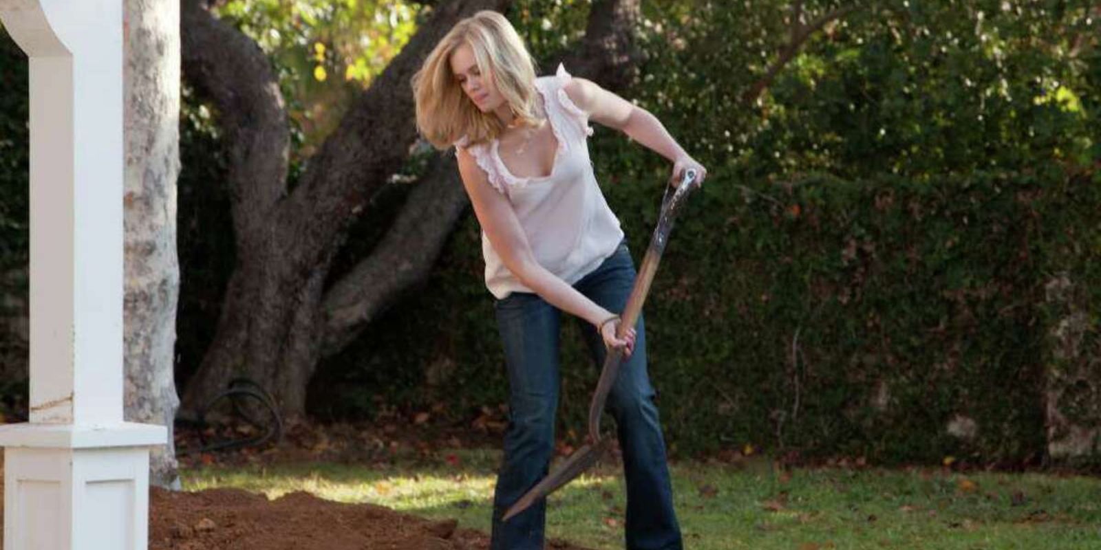 Susan Wright shoveling scene