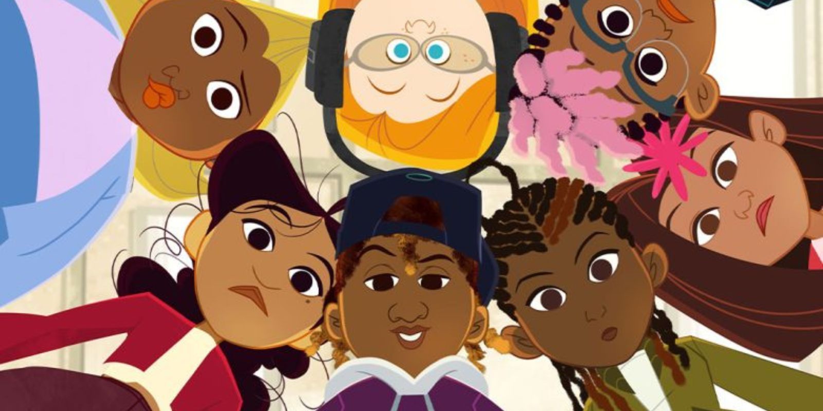 Penny with friends in a huddle in The Proud Family