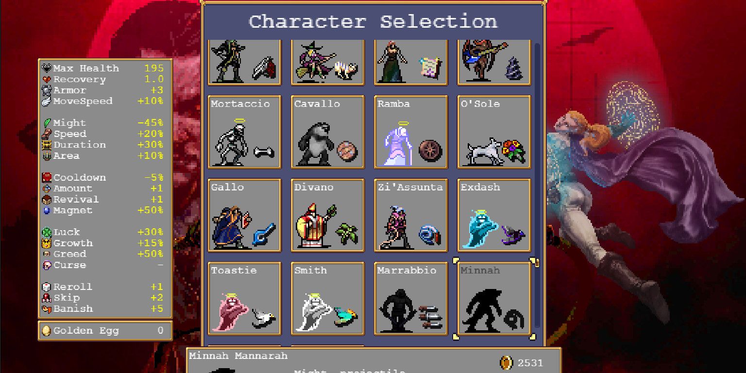 Vampire Survivors Minnah Character Select