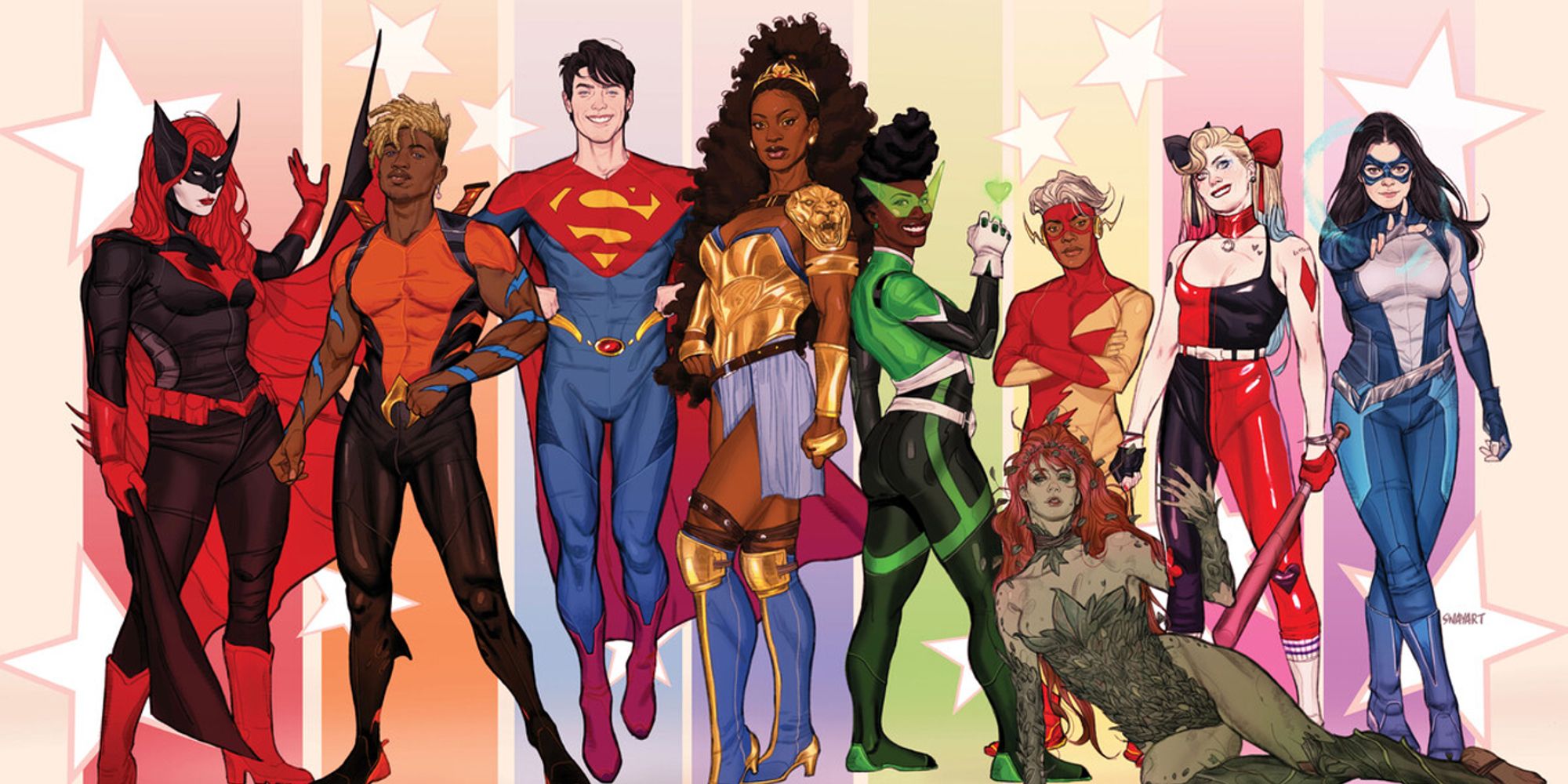 Various LGBTQ+ characters on a variant cover of DC Pride 2022