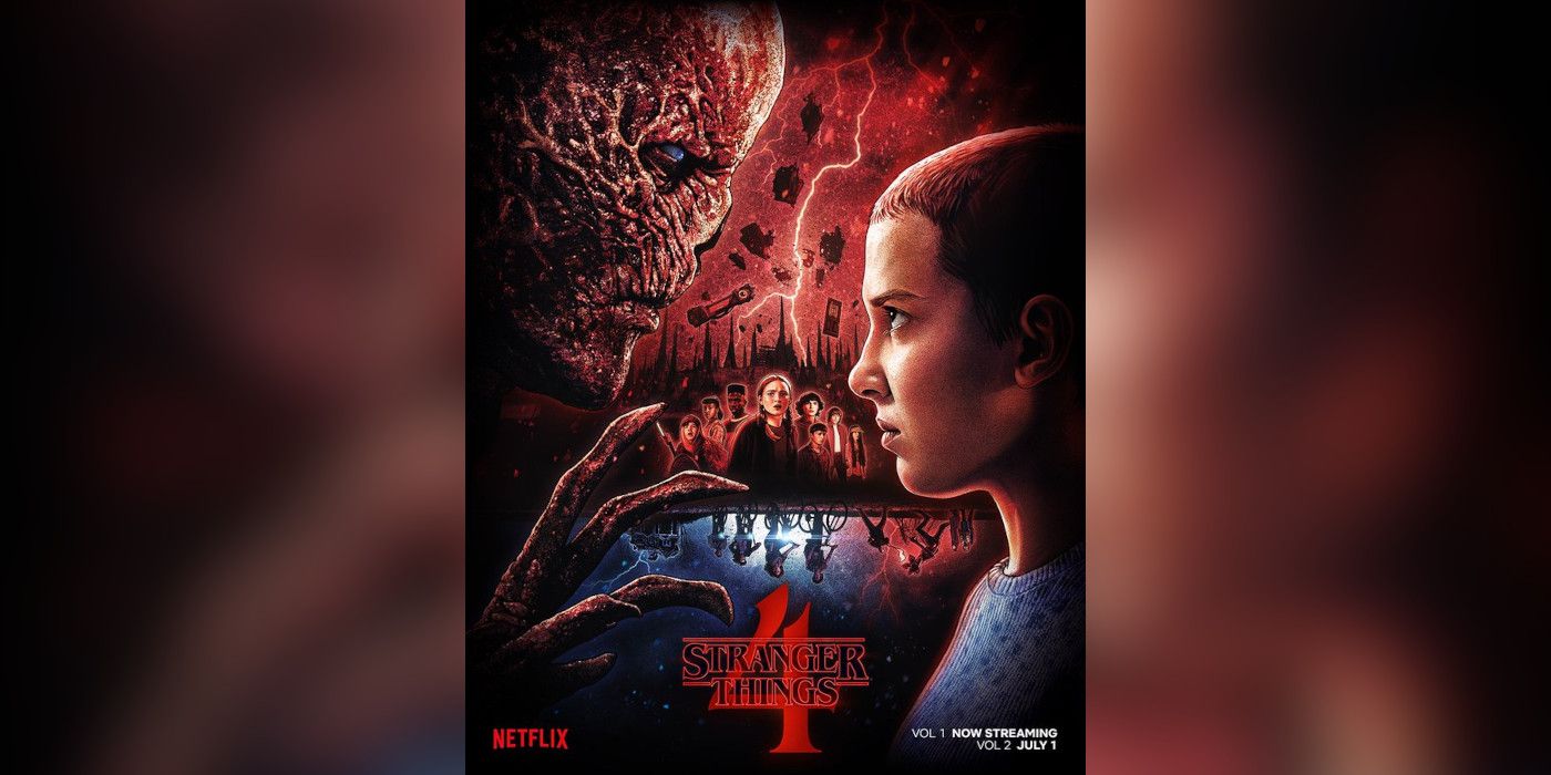 Monster faced Vecna stares down Millie Bobbie Brown in character as Eleven while other Stranger Things characters look on in the background