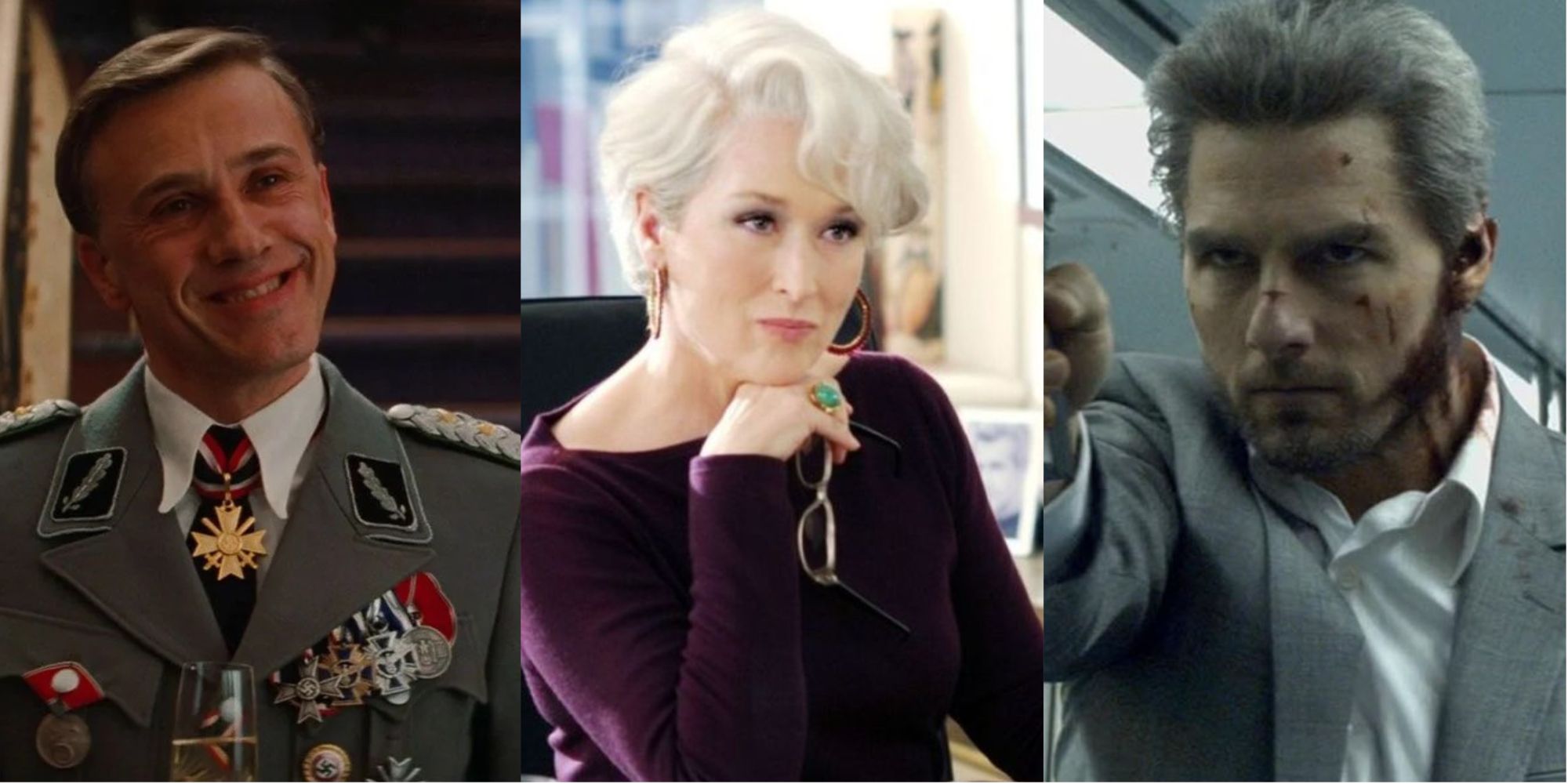 A split image of antagonists from Collateral, The Devil Wears Prada, and Inglorious Basterds