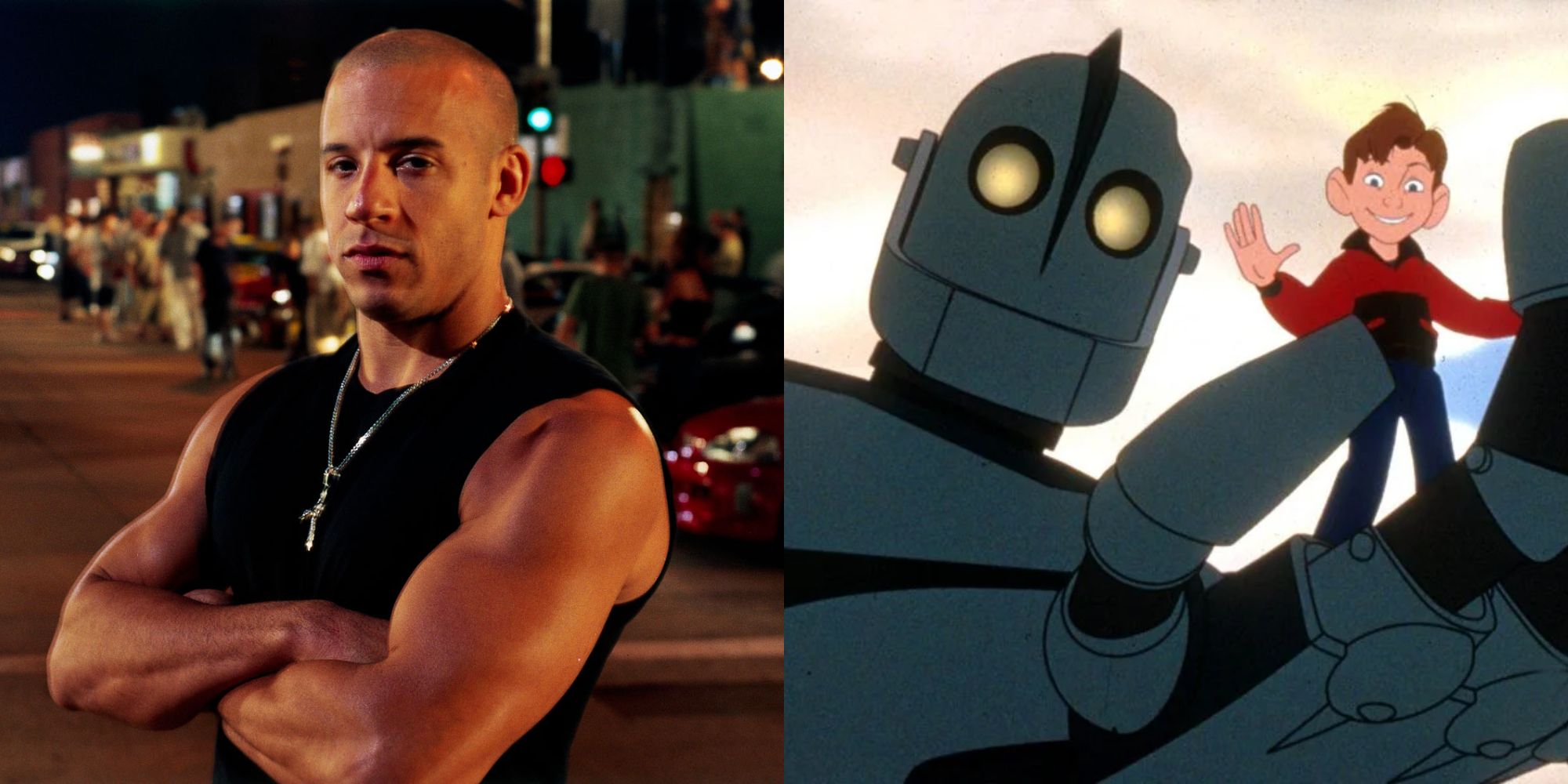 Split image of Vin Diesel & Iron Giant