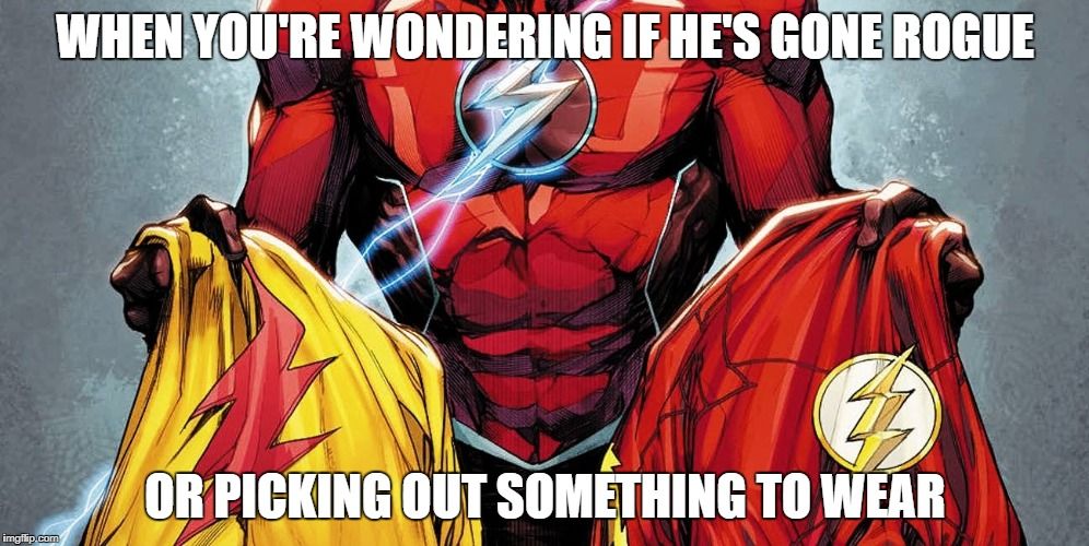 Wally West holding two Flash costumes in a meme