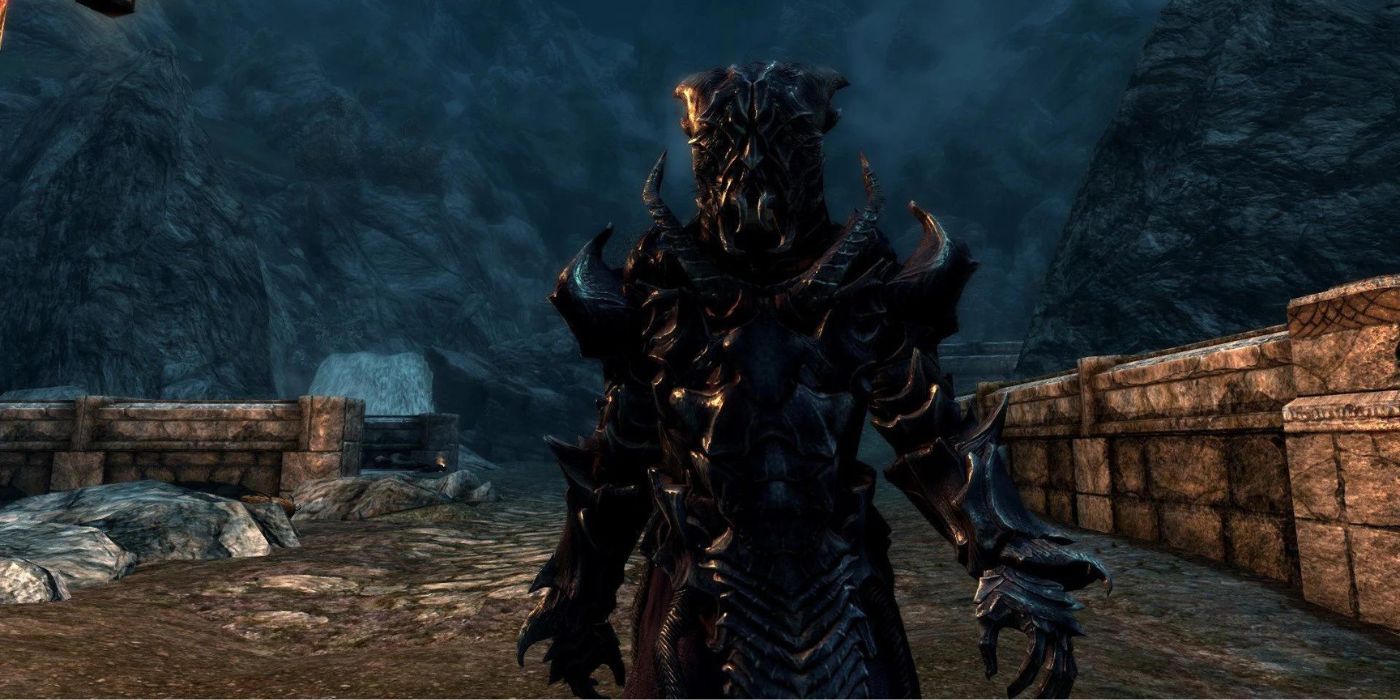A warrior wearing the Falmer Heavy Armor in Skyrim.