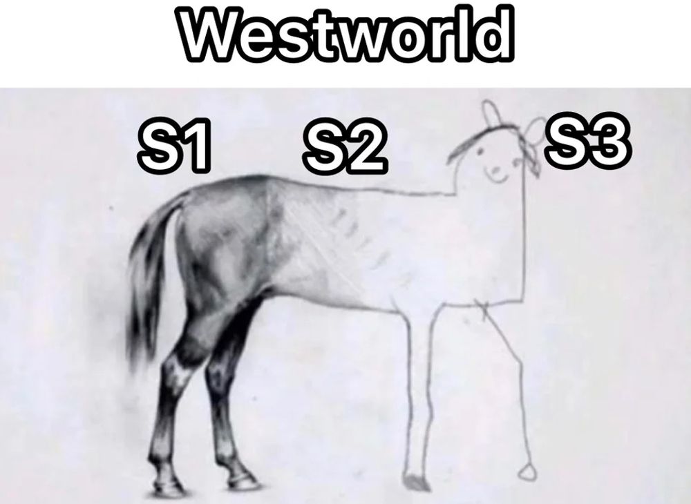 Westworld horse drawing of seasons 1 through 3 meme found on Reddit