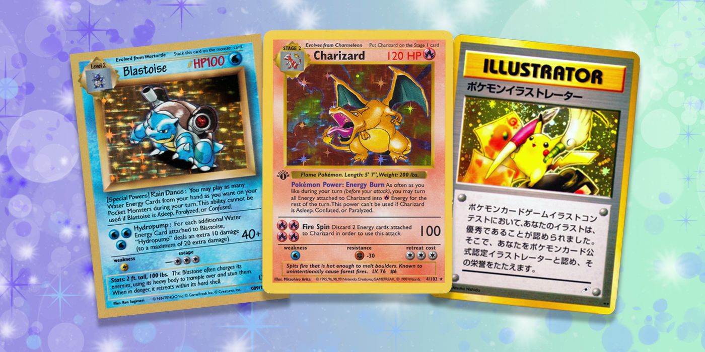 Three extremely expensive Pokemon Cards on a shiny colored background