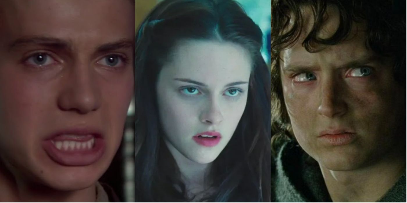 a tri-split image showing (from left to right) Anakin from Star Wars, Bella from Twilight, and Frodo from The Lord of the Rings, all looking upset.