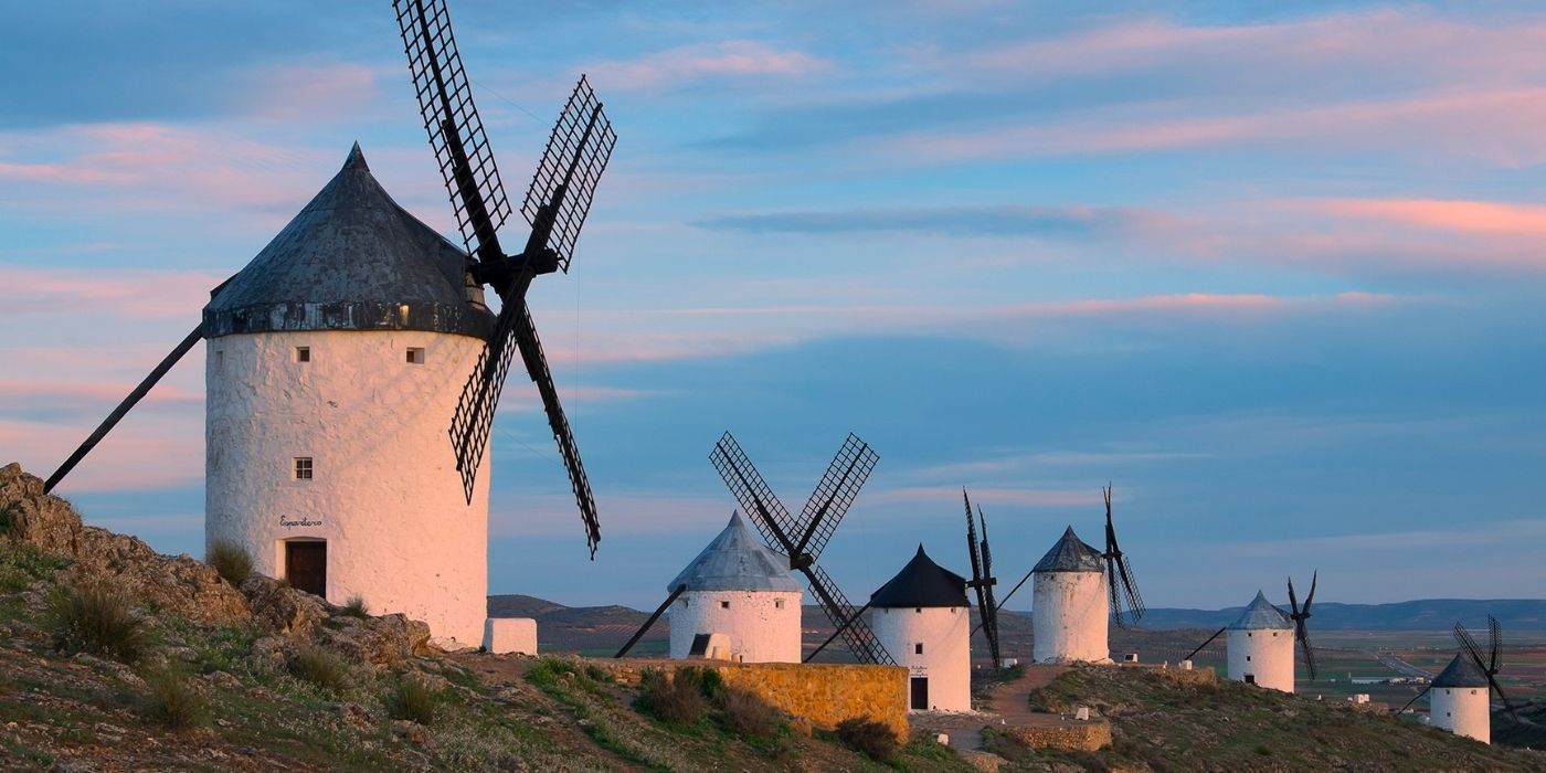 A group of windmills in the la Mancha region in Spain.