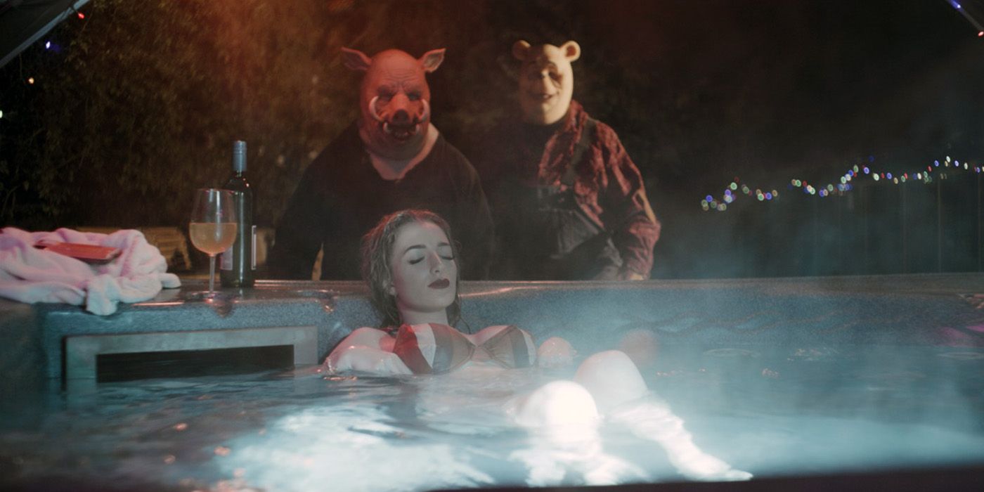 Winnie the Pooh and Piglet stalk a woman in a hot tub