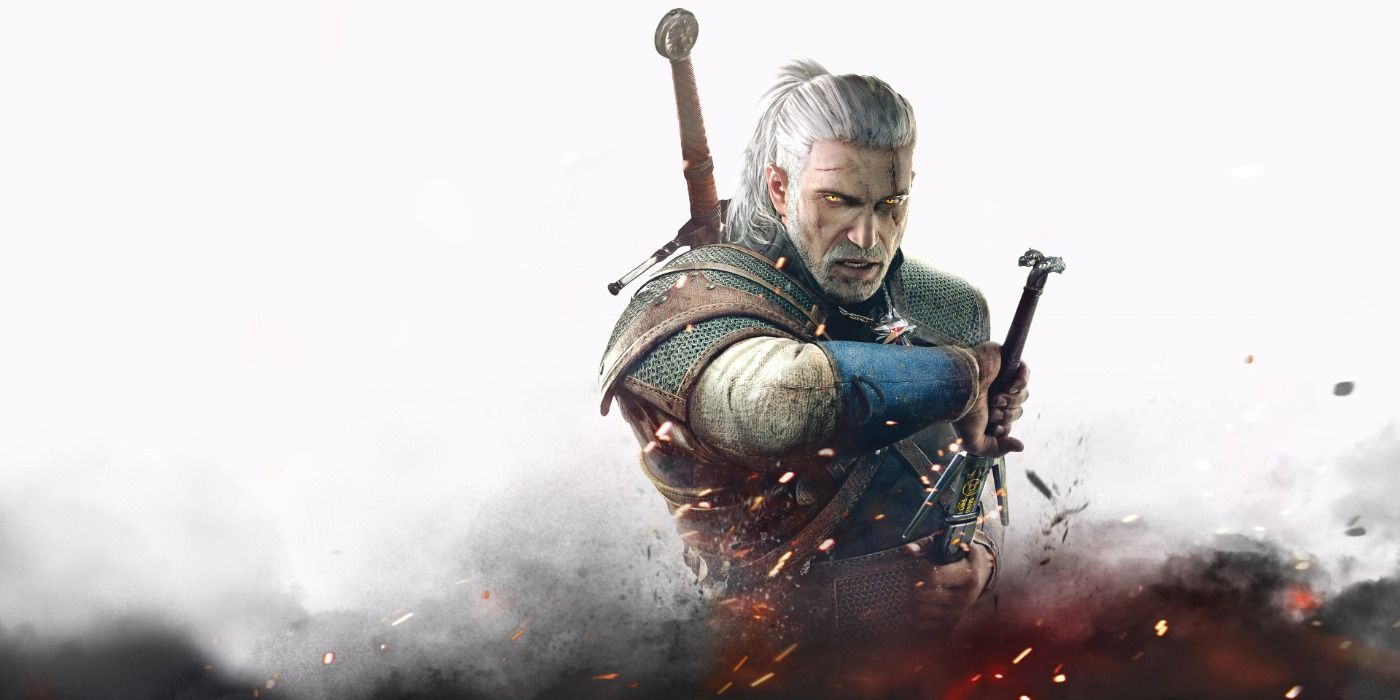 Geralt scowling and preparing to draw his sword in The Witcher 3 promo art.