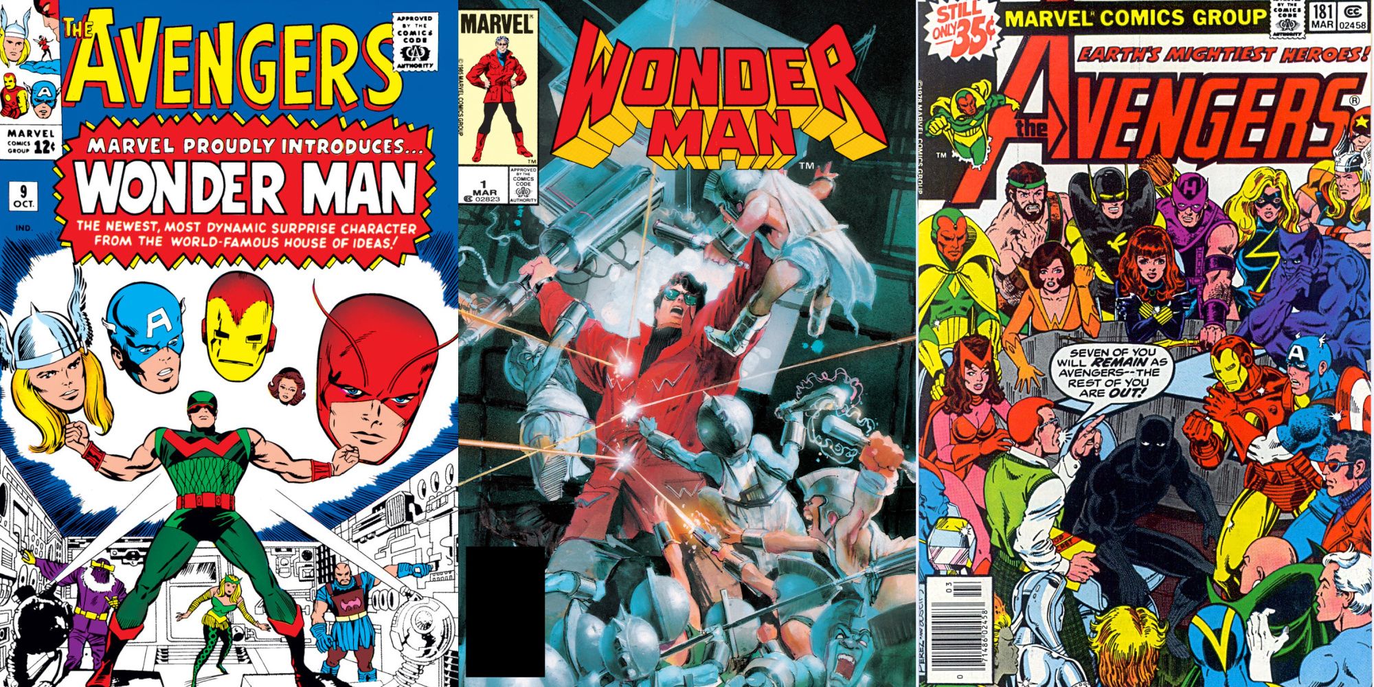 Split image of comic book covers of Avengers 9, Wonder Man 1, and Avengers 181.
