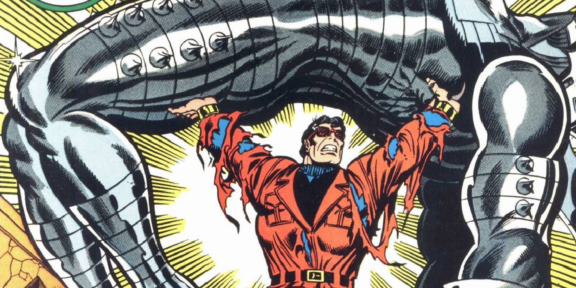 Wonder Man lifts a giant robot in Marvel Comics.