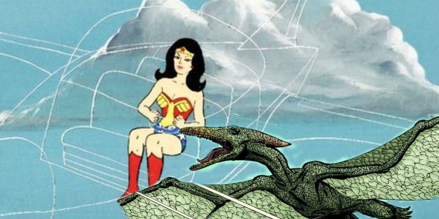 Wonder Woman and a Pteranodon.