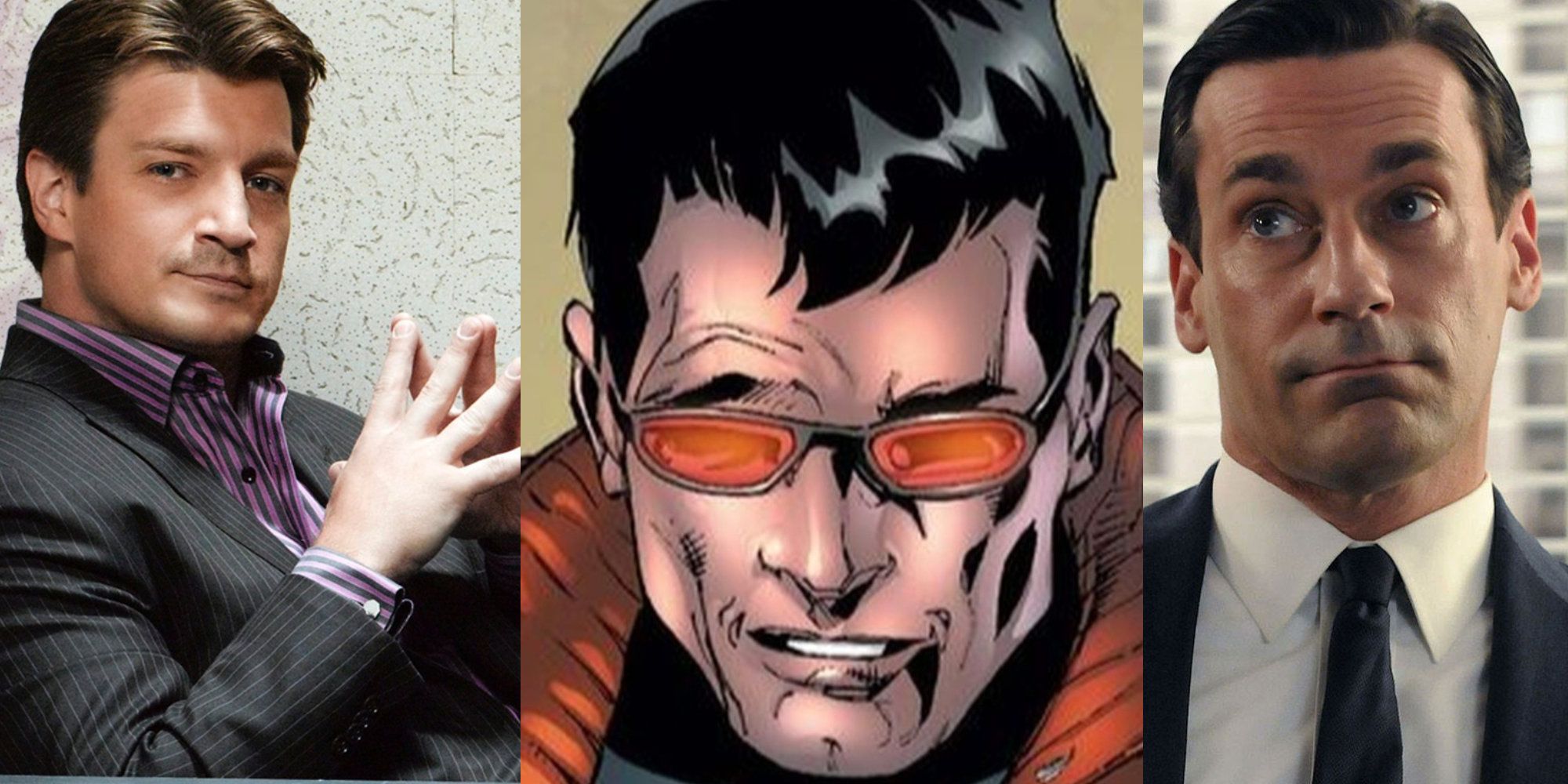 split image of Wonderman and actors Nathan Fillion and John hamm