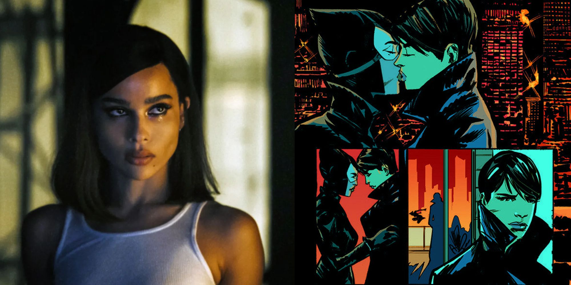 Zoe Kravitz as Catwoman in The Batman and kissing Eiko Hasigawa in comic