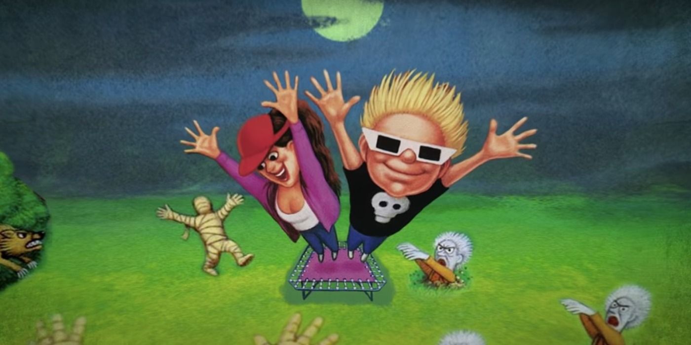 Classic box art for Zombies Ate My Neighbors featuring Julie and Zeke by LucasArts.