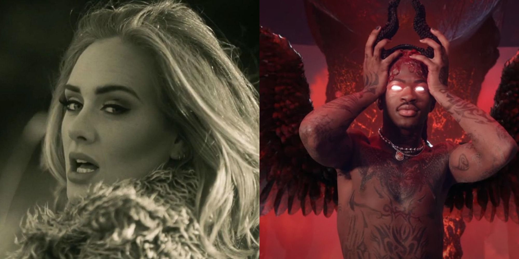 Split image of Adele in Hello video and Lil Nas X in Montero video