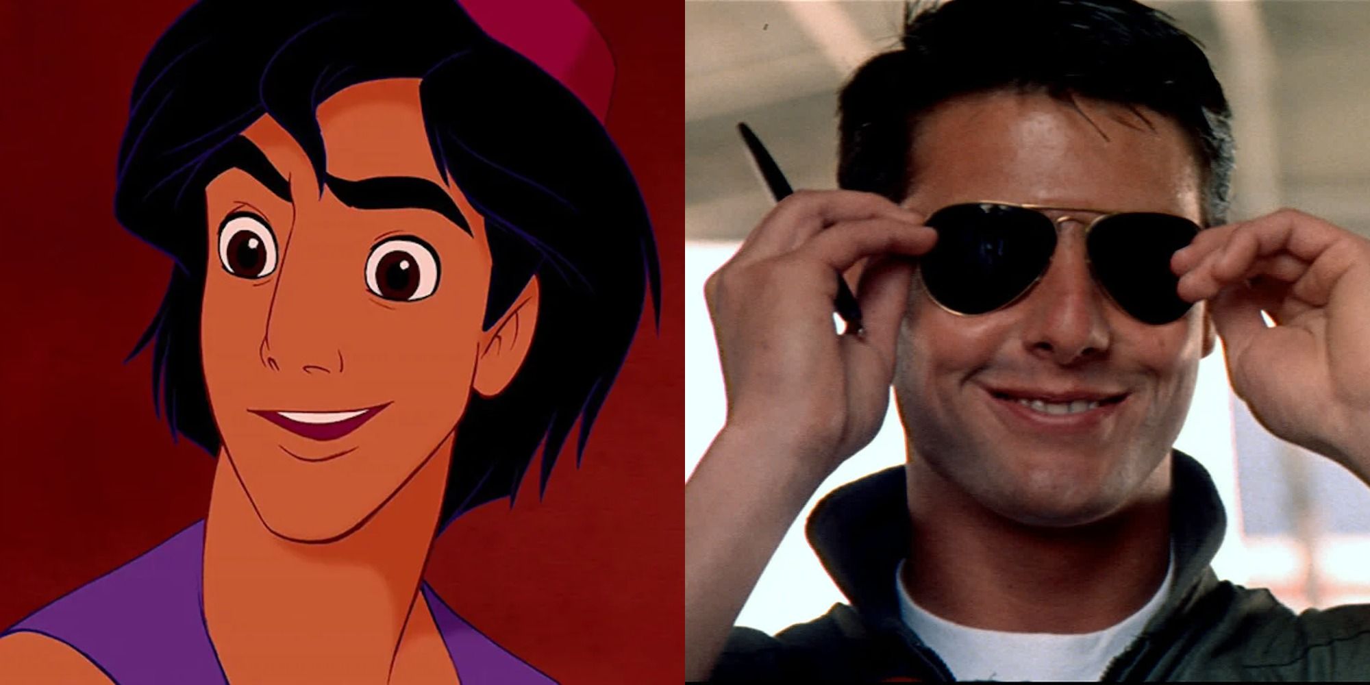 Side by side image of Aladdin and Tom Cruise in Top Gun.