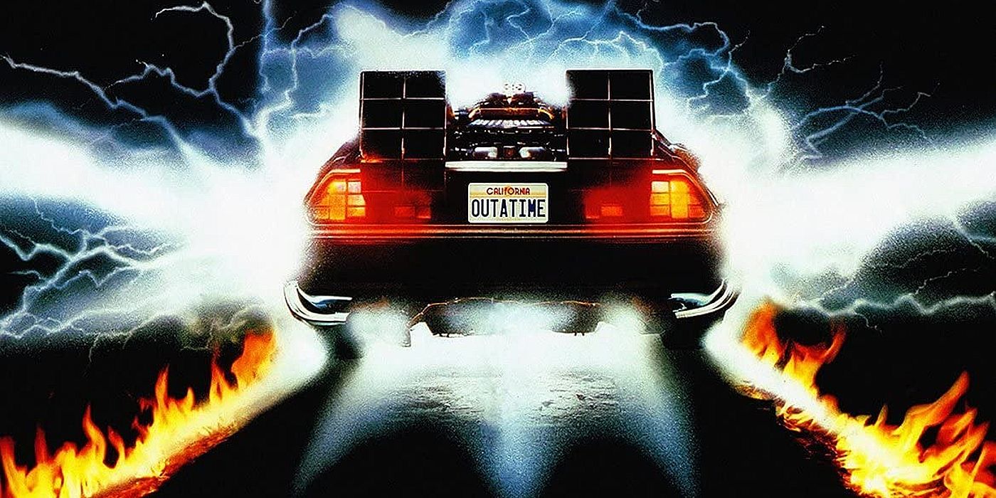 Flaming trails follow the DeLorean time machine in a poster for Back to the Future