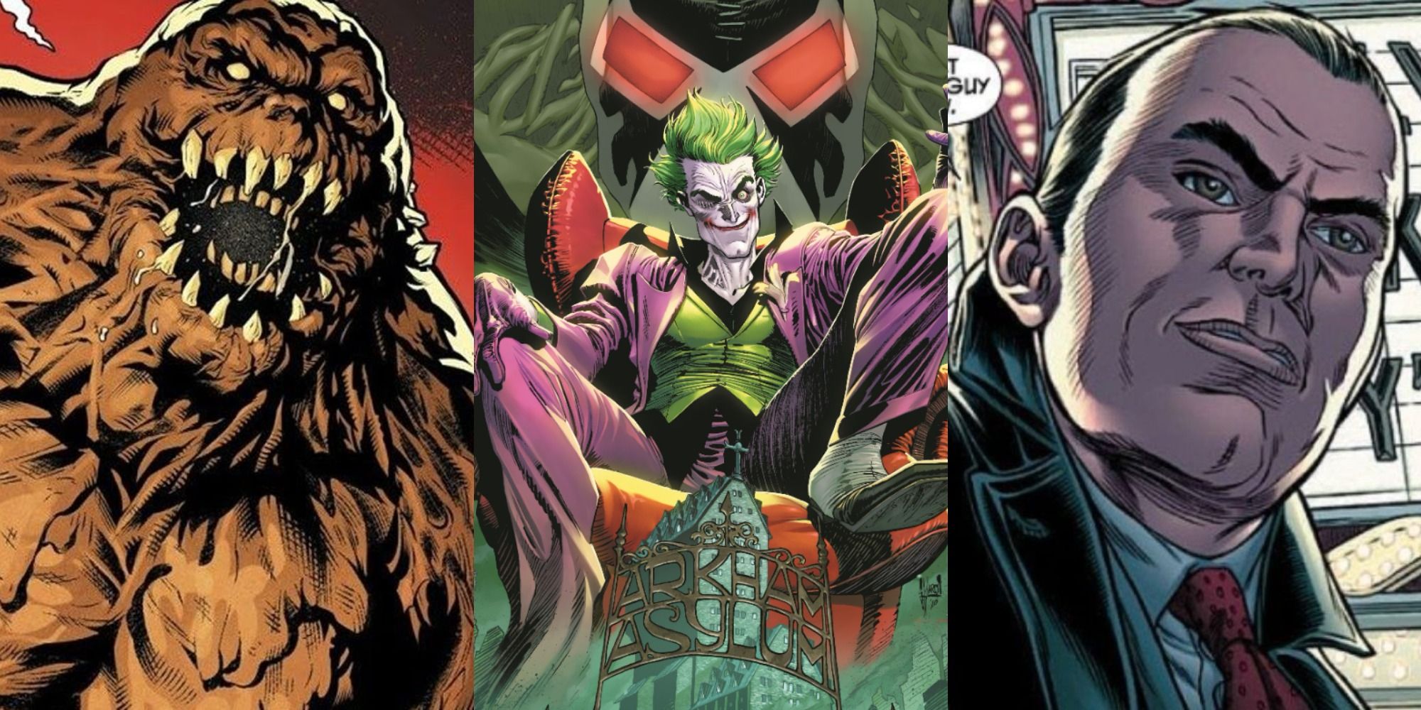 Split image of Clayface, The Joker, and Tony Zucco in Batman comics