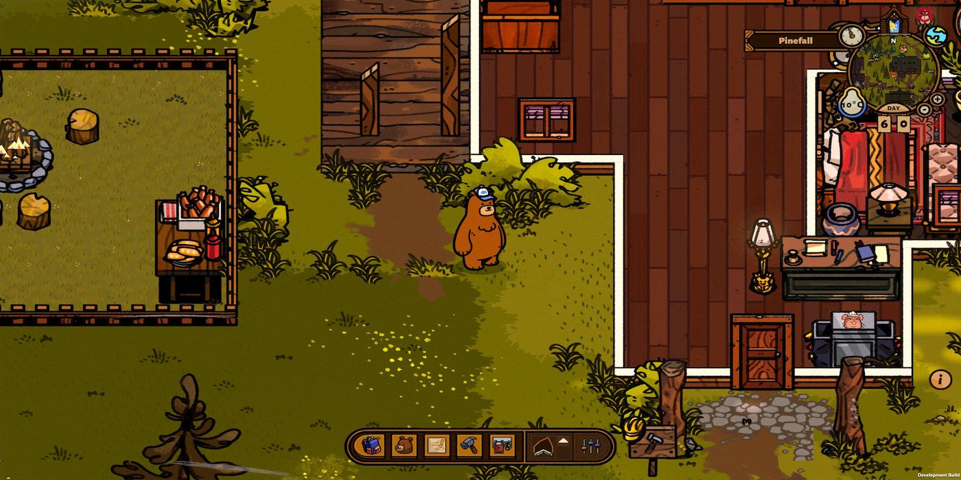 A screenshot from the game Bear and Breakfast, showing the eponymous bear standing outside one of the B&B's he runs.