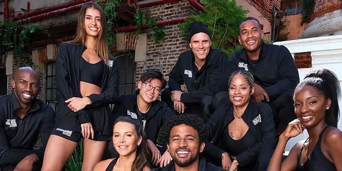 Former Big Brother cast members posing as a team on The Challenge.