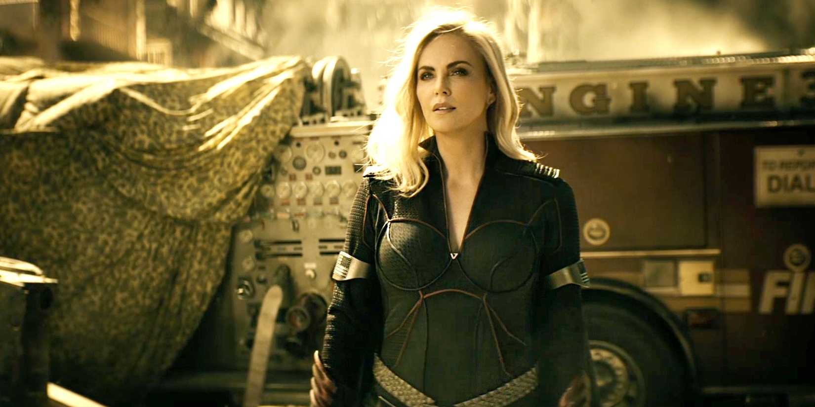 Charlize Theron with blond hair and dressed as Stormfront in The Boys