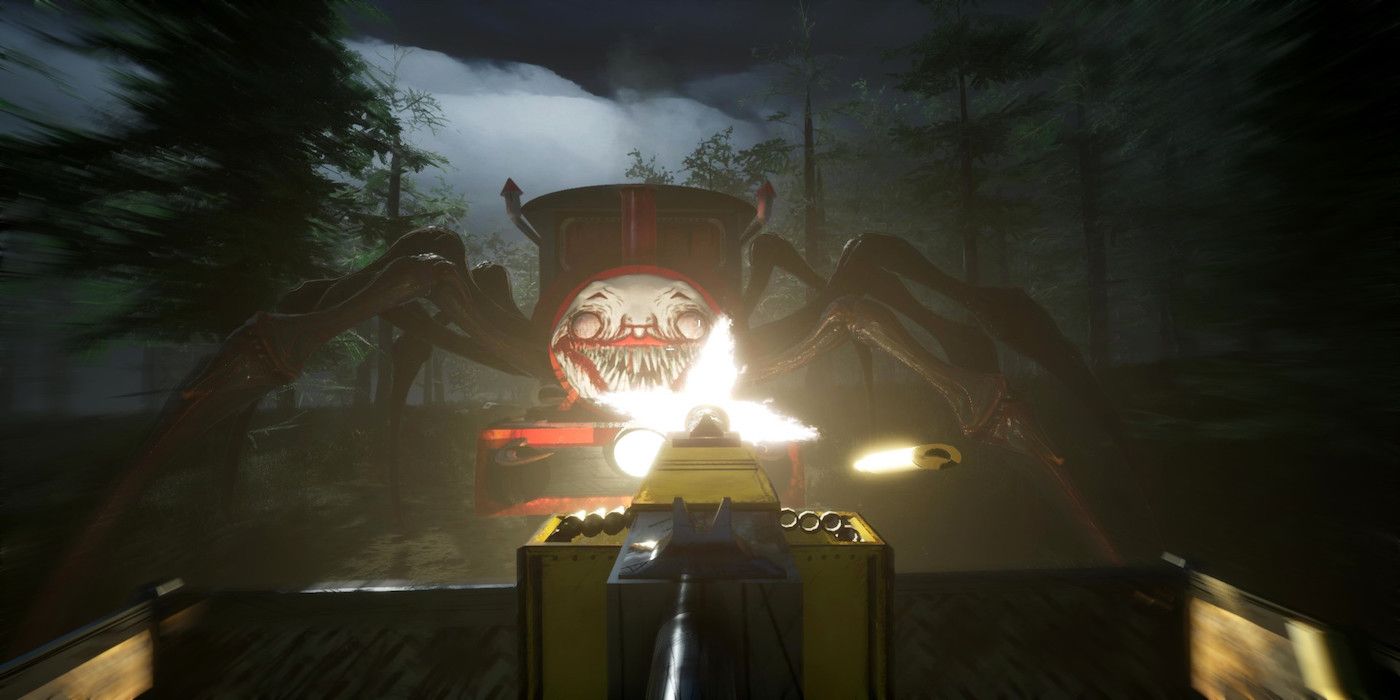 Uma captura de tela do próximo jogo Choo-Choo Charles, mostrando o jogador disparando uma metralhadora montada no trem-aranha em perseguição.