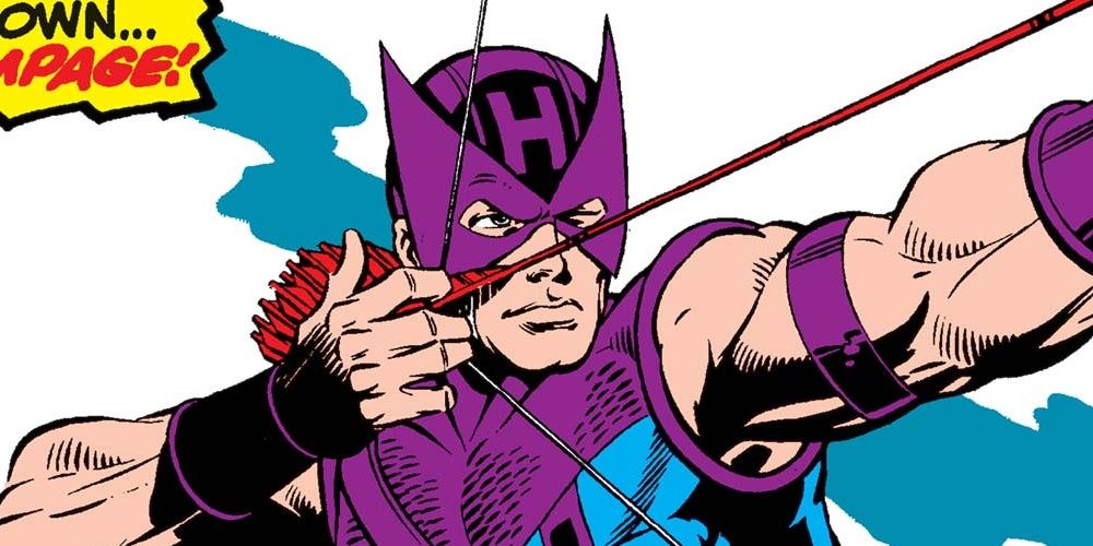 Hawkeye pulling back an arrow in his classic Marvel costume.
