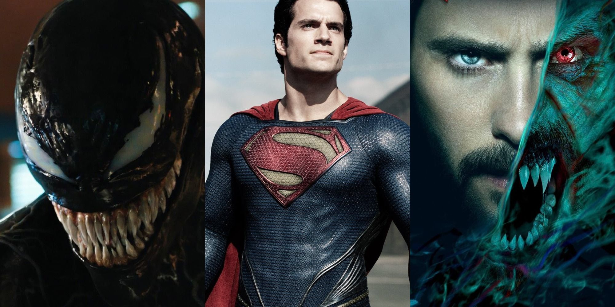combined images of Henry Cavill as Superman, Venom, and Jared Leto as Morbius