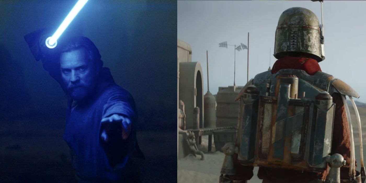 Obi-Wan wielding his lightsaber next to Cobb Vanth wearing Boba Fett's Z-6 Jetpack.