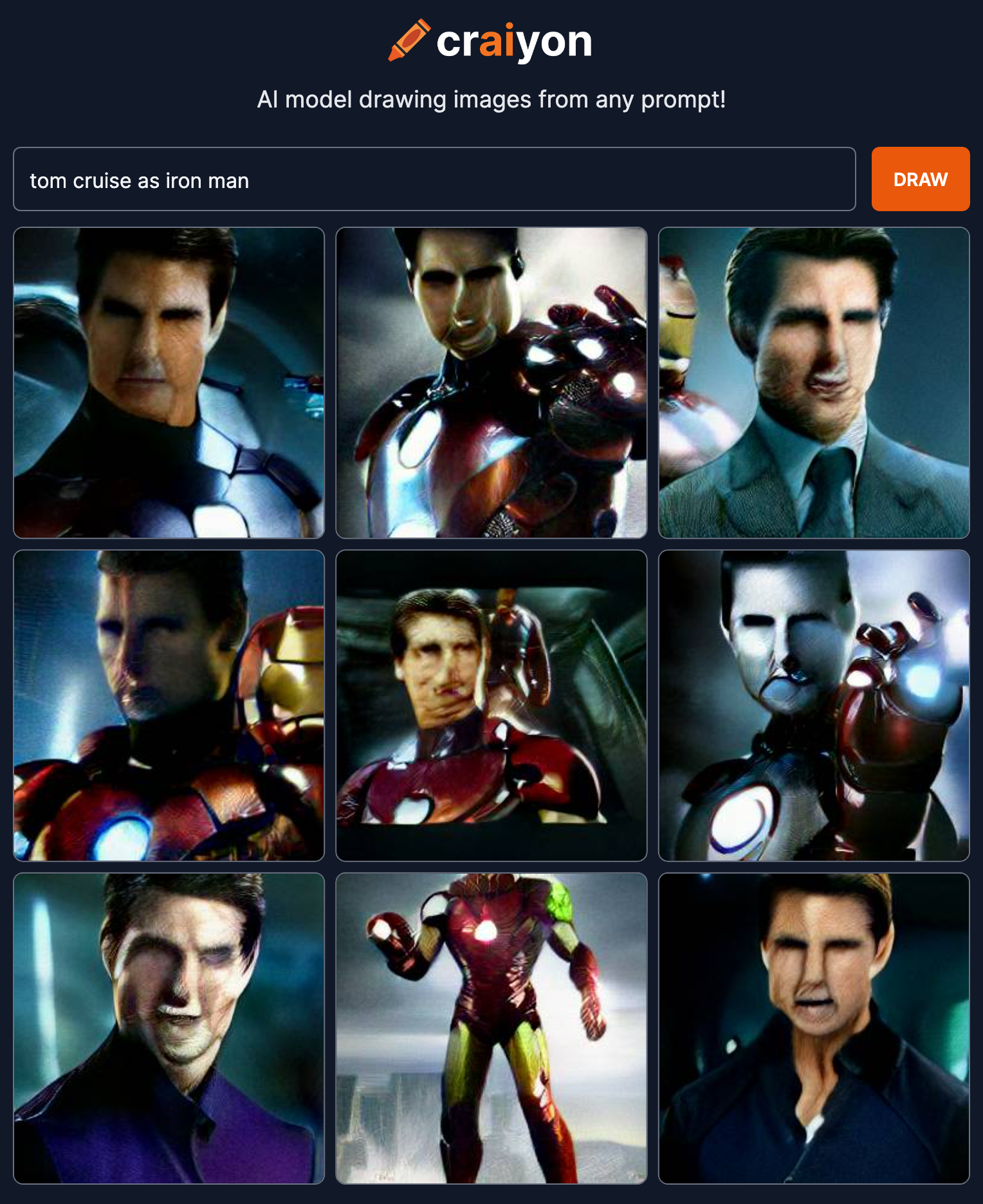 Craiyon Tom Cruise as Iron Man