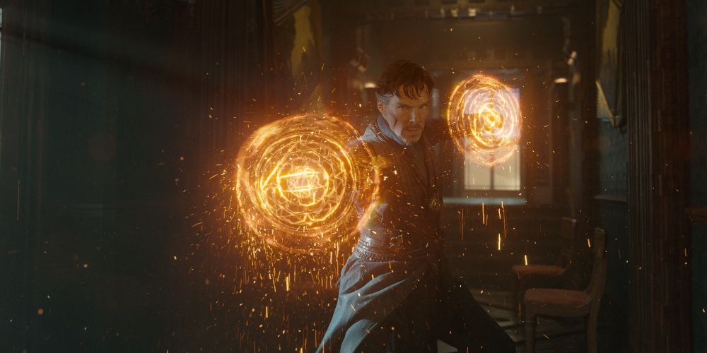 Stephen conjures fiery portals in Doctor Strange