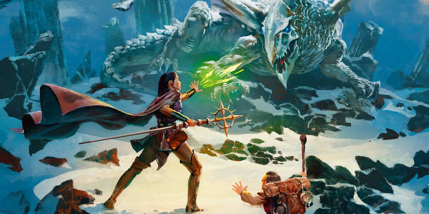 Um aventureiro enfrenta um dragão de Dragon of Icespire Peak