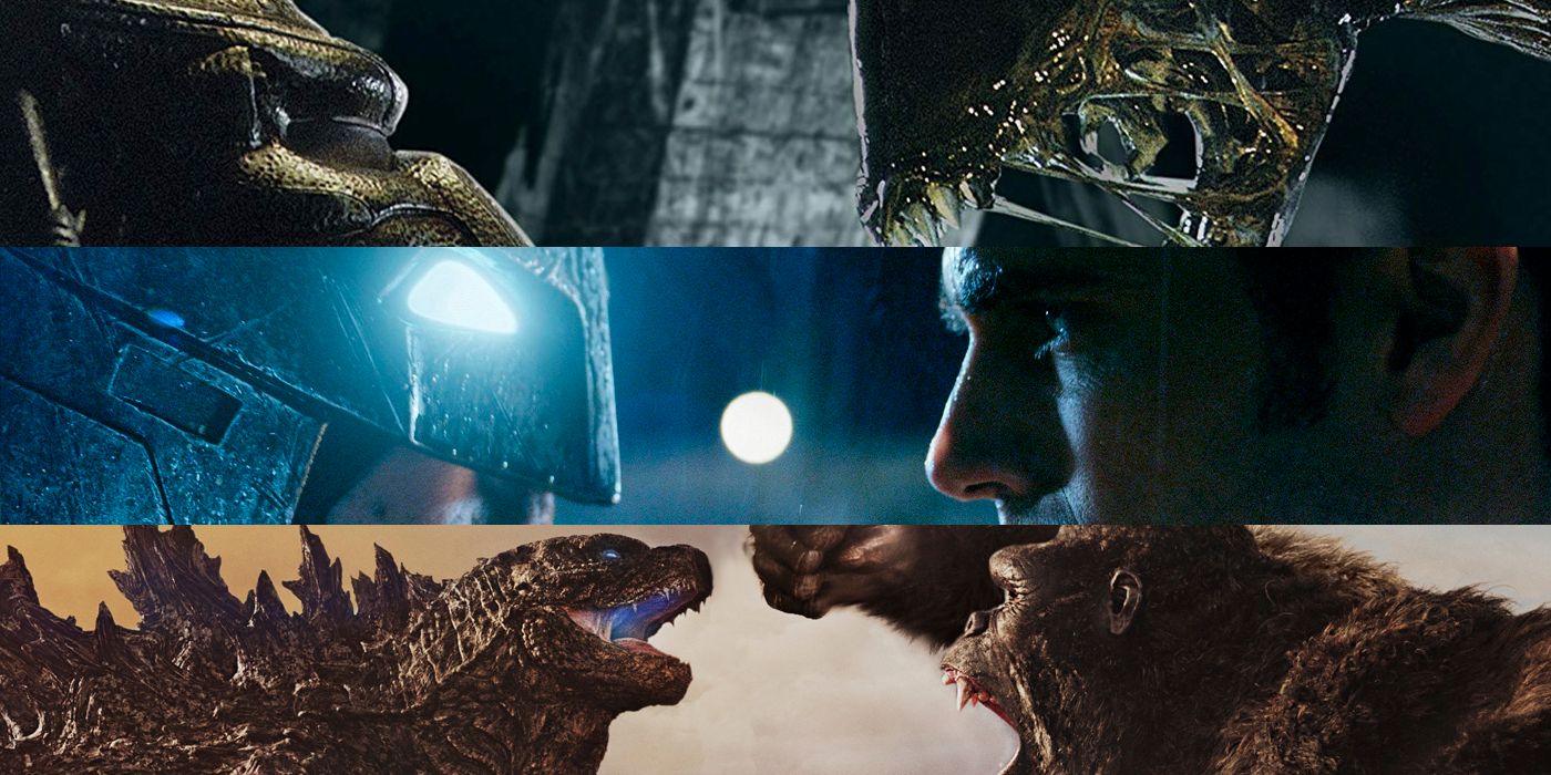 split image Celtic Predator and Grid Xenomorph from Aliens vs Predator, Batman and Superman from Batman v Superman Dawn of Justice, and Godzilla and King Kong from Godzilla vs Kong