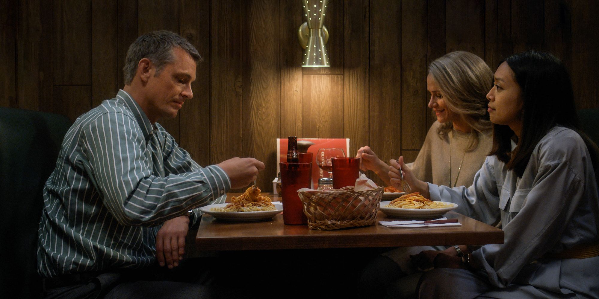 Ed, Karen, and Kelly eating spaghetti at the Outpost in For All Mankind season 3