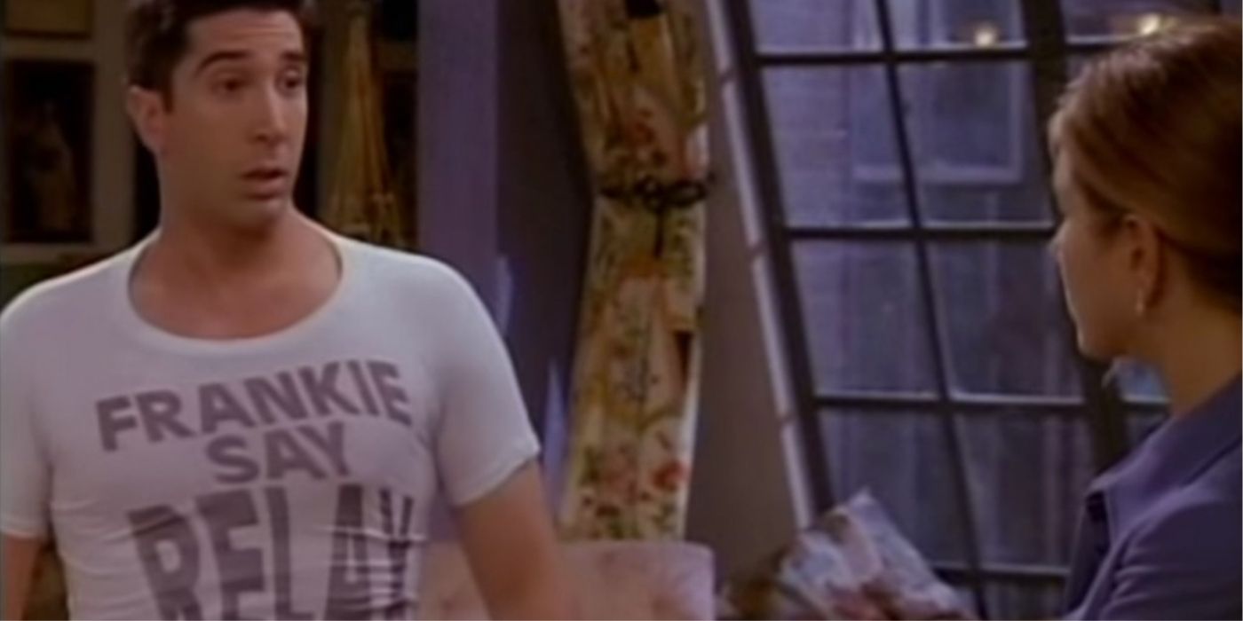 Ross wearing his tiny t-shirt on Friends