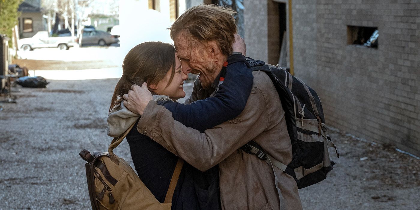Dwight and Sherry from Fear the Walking Dead, forehead together in an embrace.