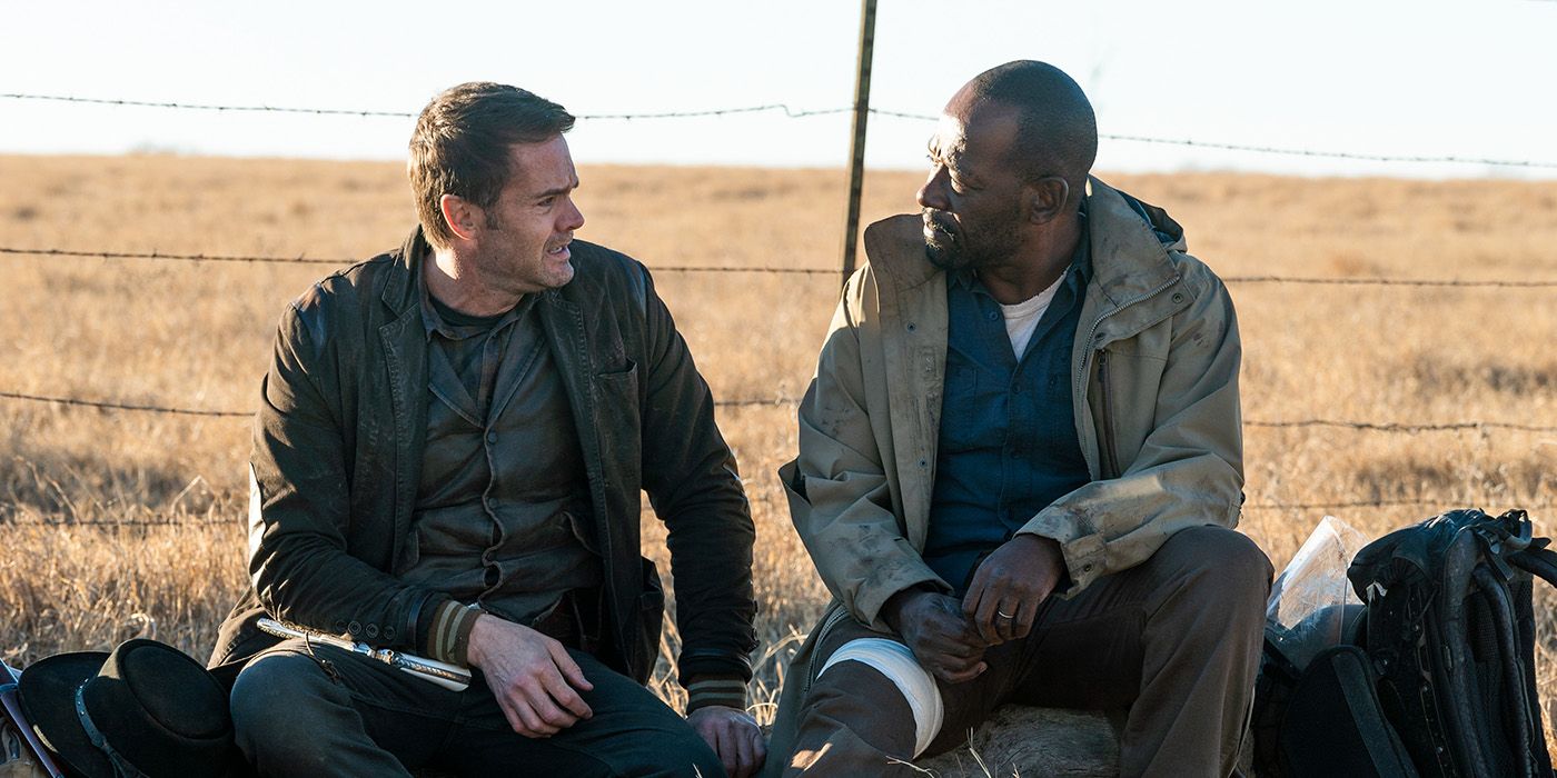 John Dorie and Morgan sitting together, looking at one another on Fear the Walking Dead.