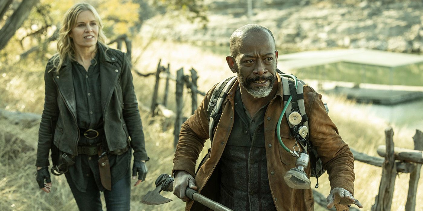 Morgan and Madison walking down the road with weapons on Fear the Walking Dead.
