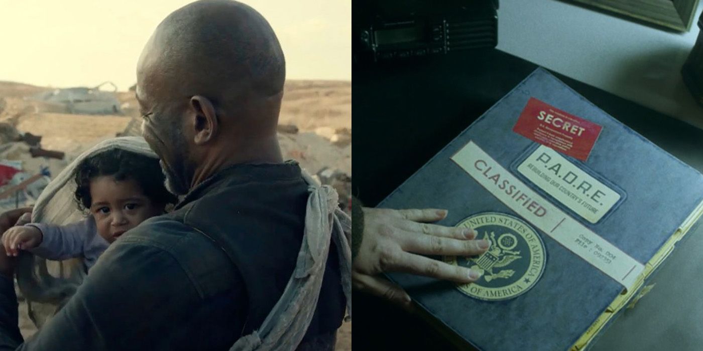 Split image of baby Mo being held by Morgan and a book labeled PADRE from Fear the Walking Dead.