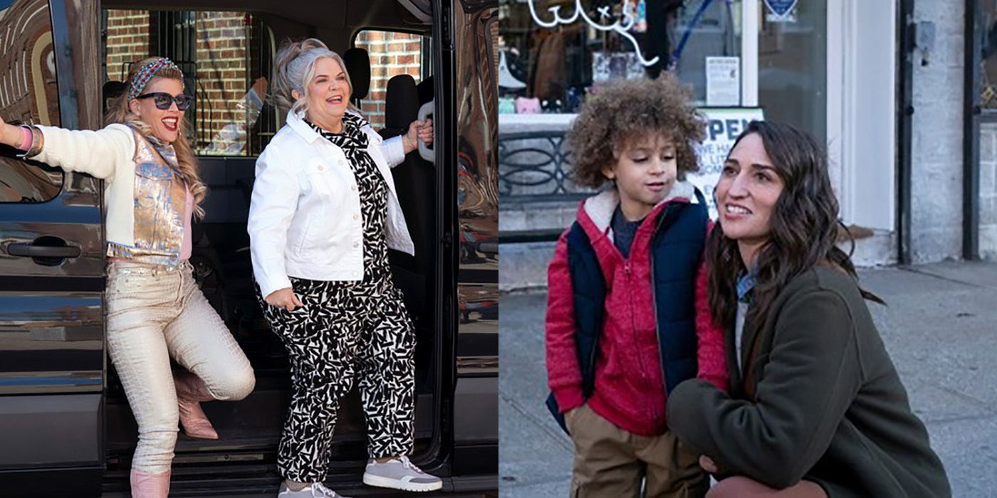 Split image of Summer and Gloria by the tour bus and Dawn with her son from Girls5eva.