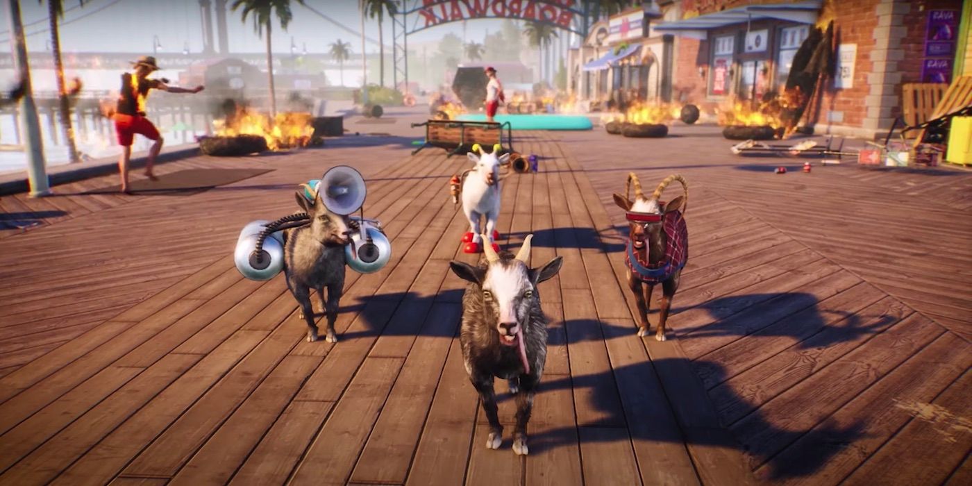 A screenshot from the end of the Summer Game Fest trailer for Goat Simulator 3