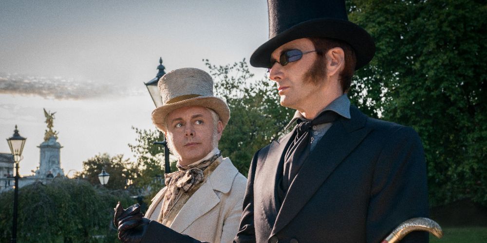 Aziraphale and Crowley stand together outdoors in Good Omens
