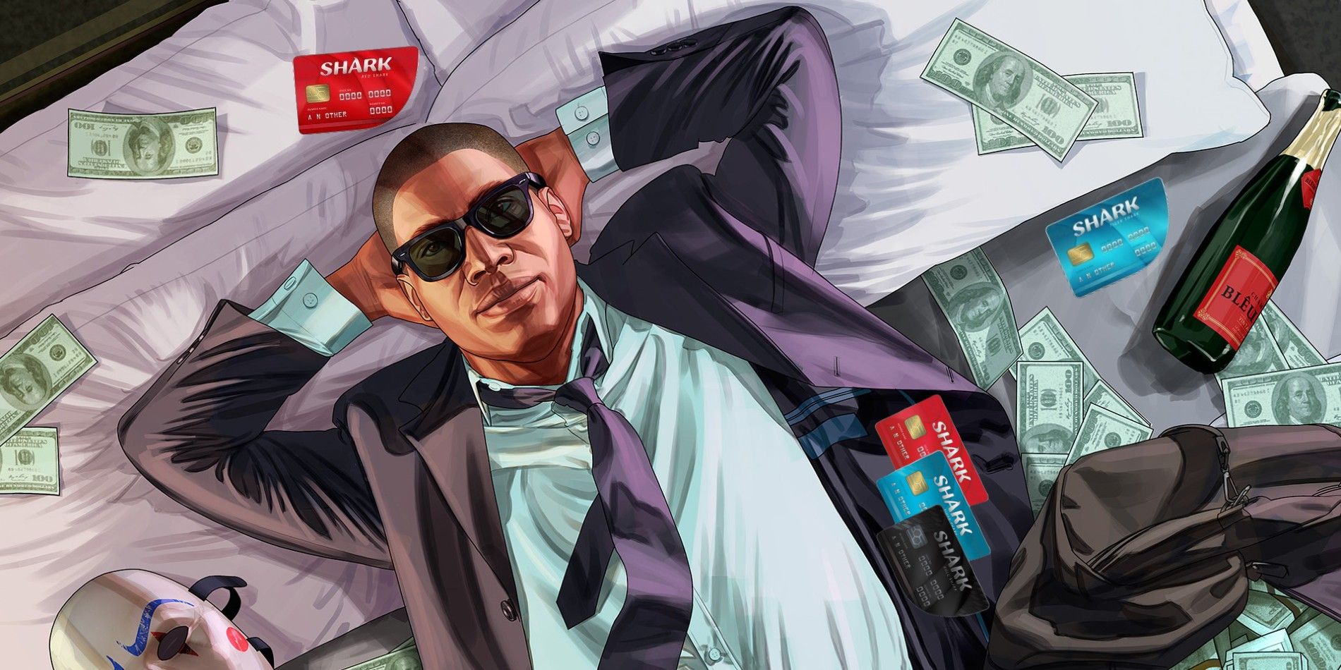 A man lies back on a bed covered in money in GTA Online artwork