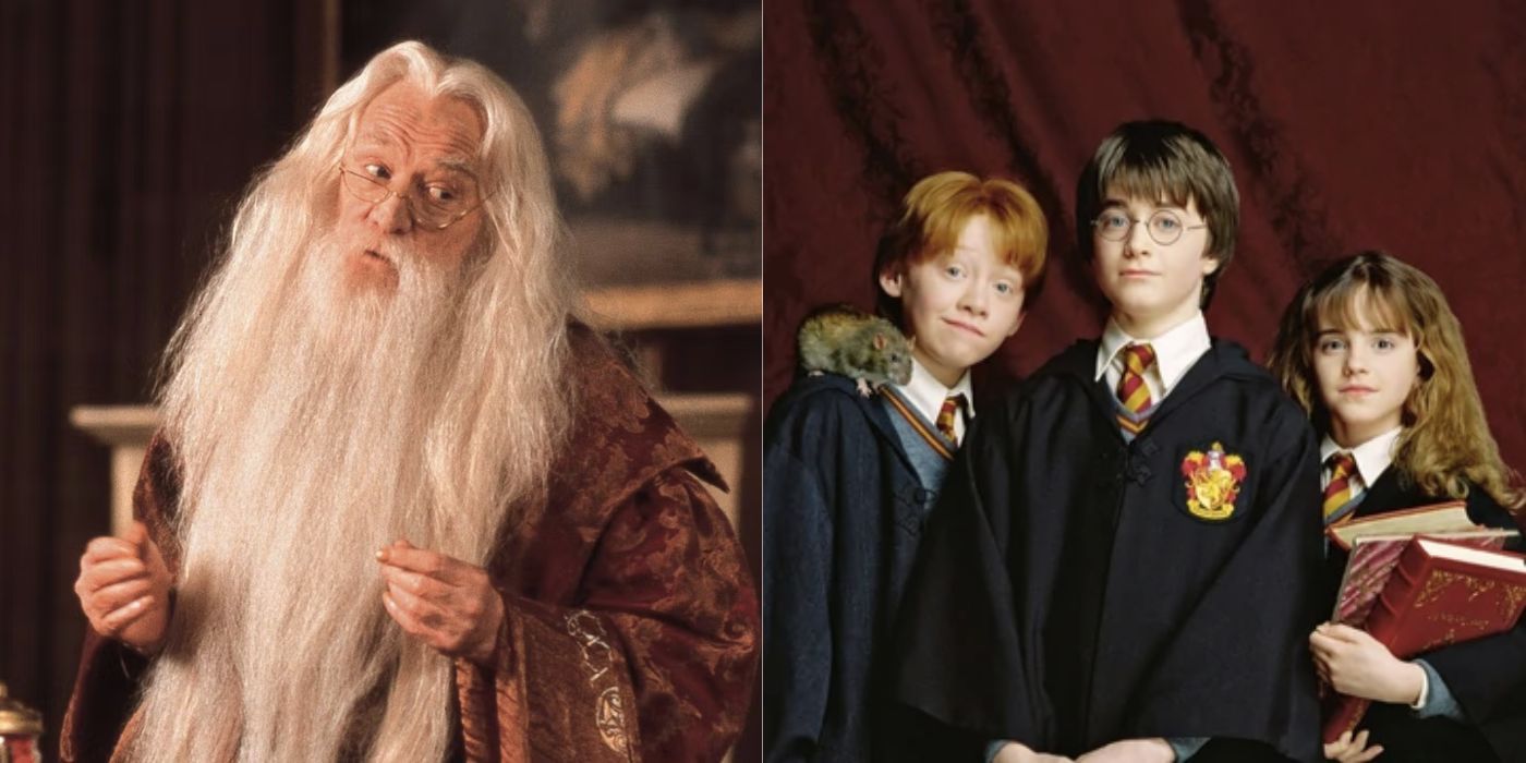 Split image of Dumbledore and the Golden Trio in Harry Potter