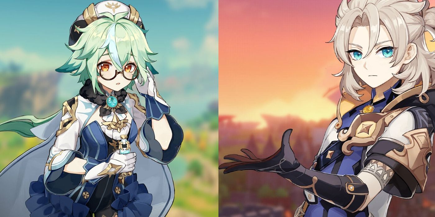Sucrose adjusts her glasses and Albedo holds out an open palm in Genshin Impact
